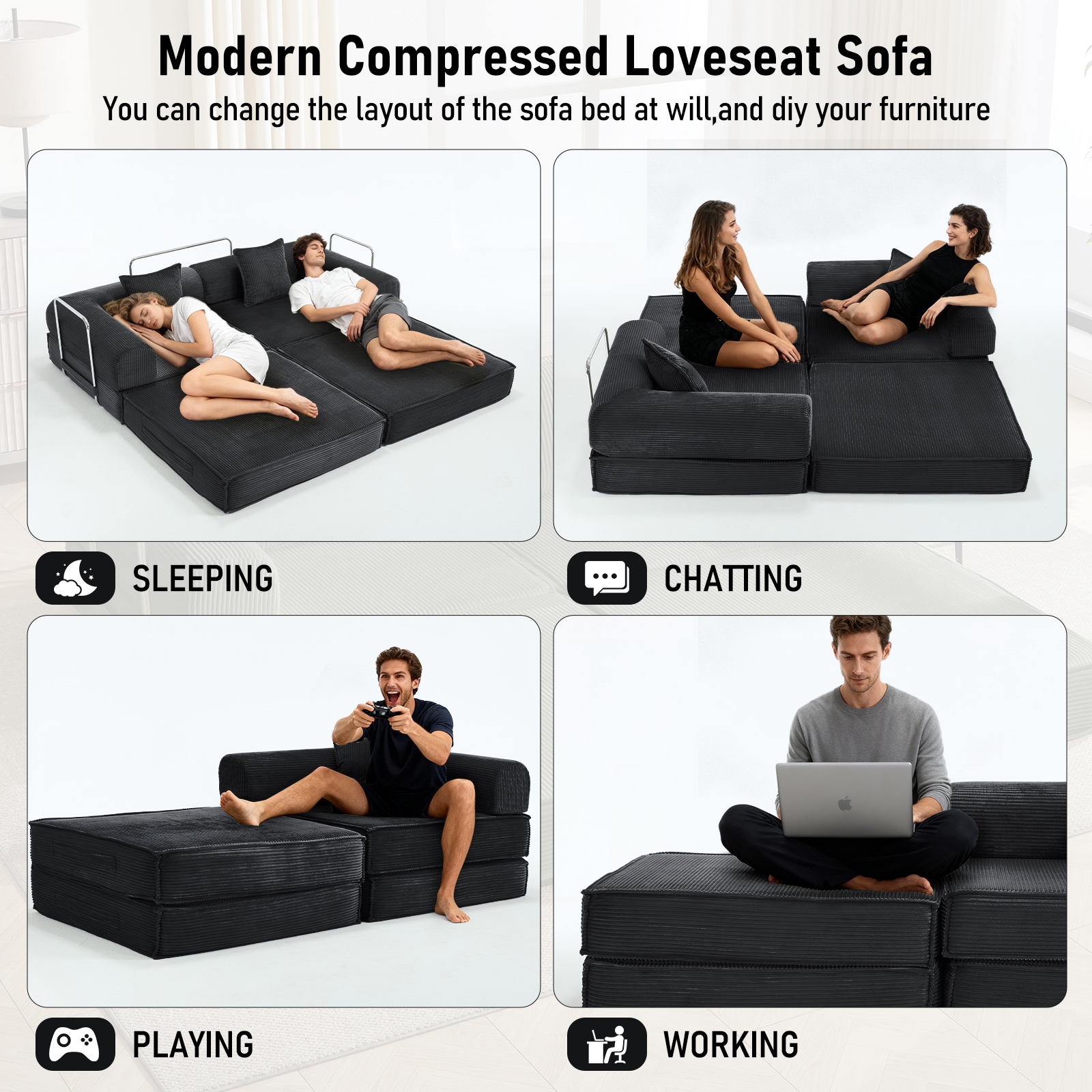 Convertible Sleeper Sofa Bed Modular Corduroy Couch With Pillows_voghion.com